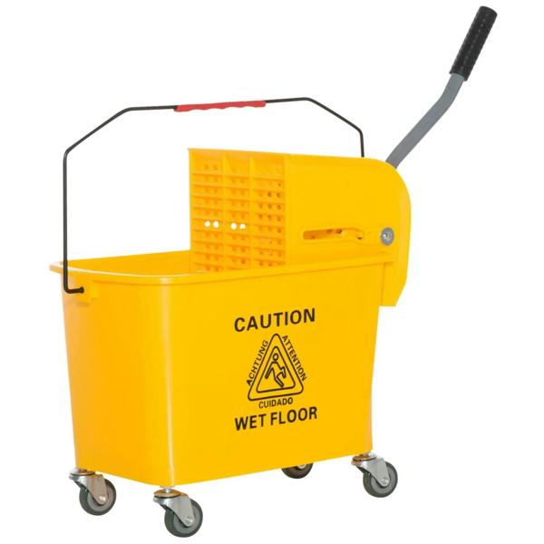 Yellow mop bucket on wheels, front view with caution wet floor marking and handle