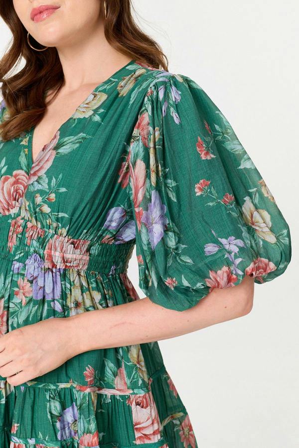 Green | Floral Puff 1/2 Sleeve Tiered Midi Dress
