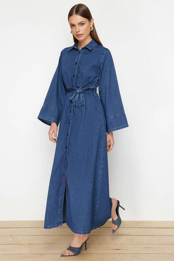 WOVCOR Belted Maxi Denim Shirt Dress