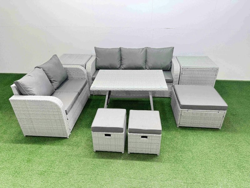 Fimous Outdoor PE Rattan Garden Furniture Set Rectangular Dining Table Sofa Set with 3 Stool 2 Side Tables Light Grey