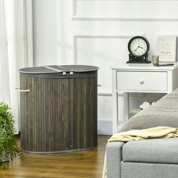 Dyzi 100L Bamboo Laundry Basket 2 Compartments Removable Liner Grey