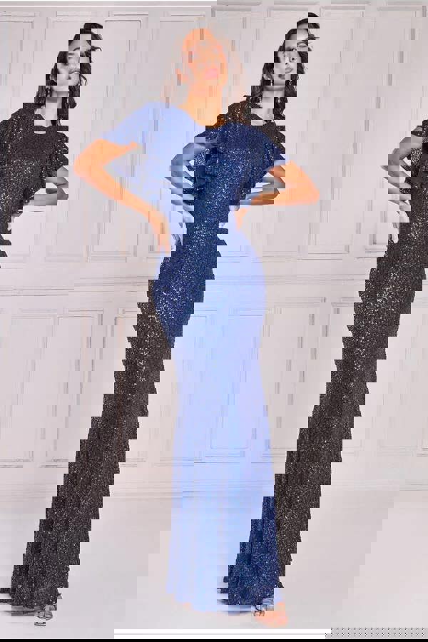 Sequin Flutter Sleeve Maxi - Navy DR4021