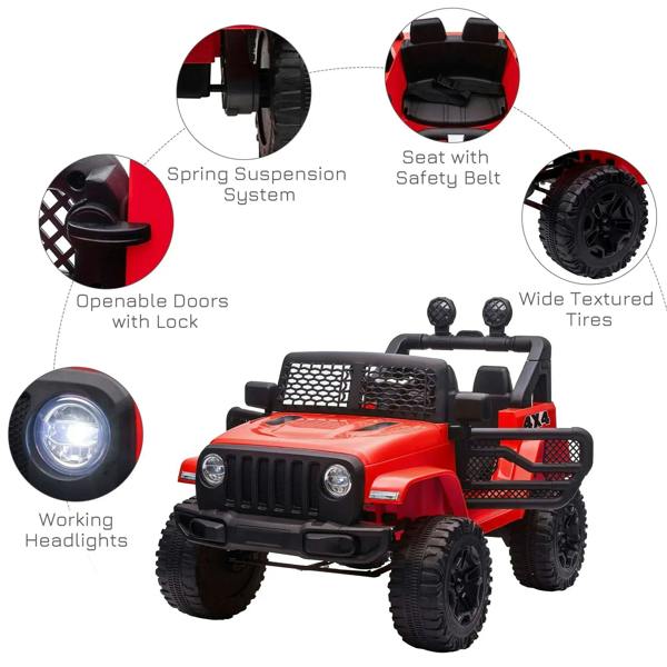 Red 4x4 ride-on car with working headlights, spring suspension, seat belt, and wide tires.