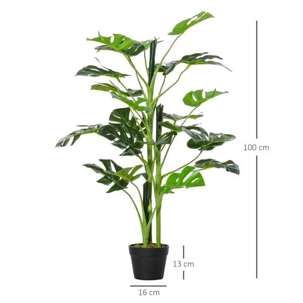 Artificial monstera tree in black pot with multiple green split leaves