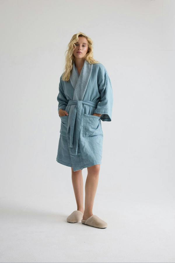 Pretty You London Short Terry Lined Linen Robe In Blue Haze