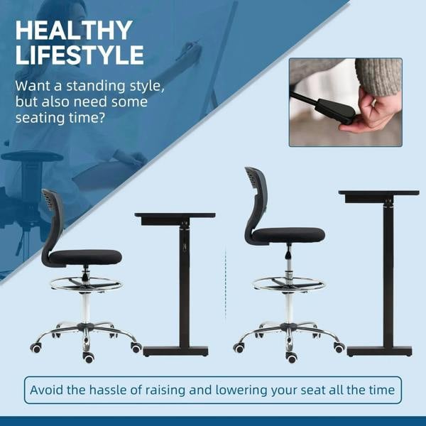 Grey armless swivel drafting chair with mesh back and adjustable height chrome base