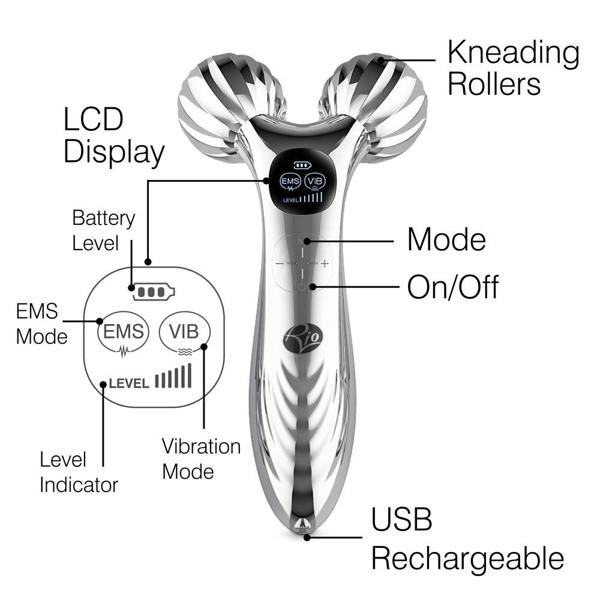 The Rio Face & Body Massage Roller is a silver handheld massager with dual knurled rollers, LCD display, mode and on/off buttons, and USB charging. Features include EMS and vibration modes for skin firming, as shown in the labeled diagram.