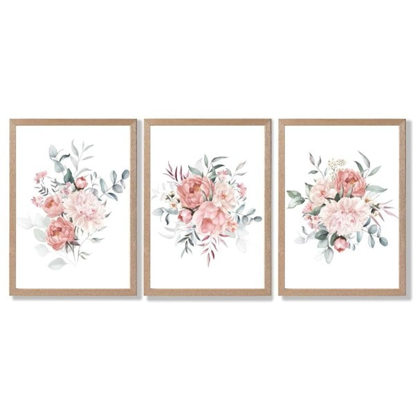 Pink Peonies Watercolour Floral Set of 3 Framed Art Prints with Light Oak Frames