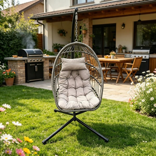 Fimous Rattan Garden Foldable Single Hanging Egg Chair Indoor Outdoor Patio Furniture with Grey Cushion