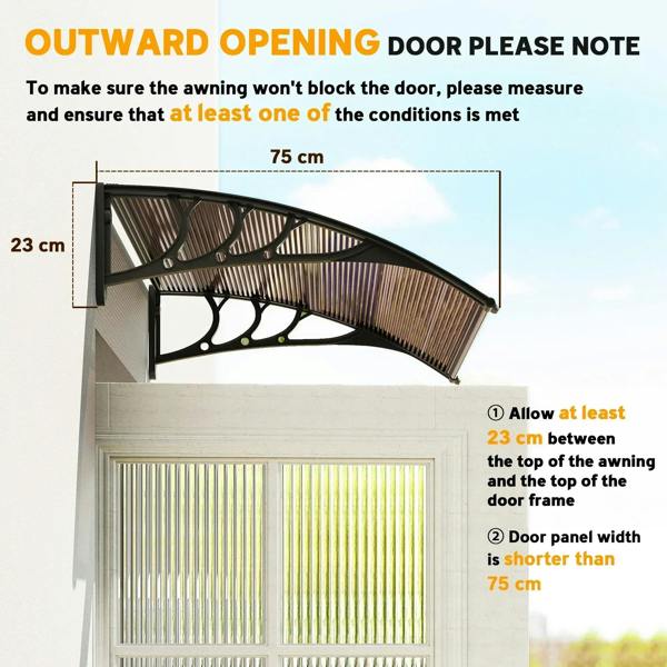 Brown outward-opening door canopy awning with black arched frame and brackets