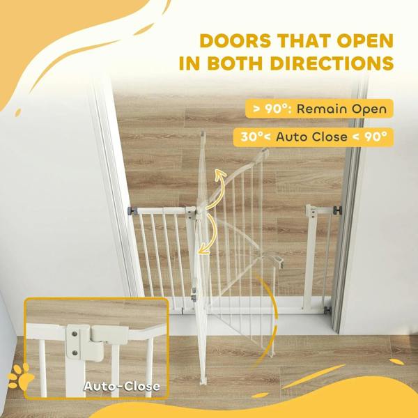 White pet gate with auto-close door mechanism shown in an open doorway