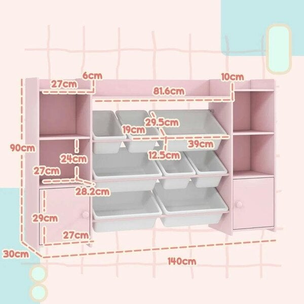 Kids Toy Organizers and Storage with 8 Removable Storage Bins and Bookshelf, Pink