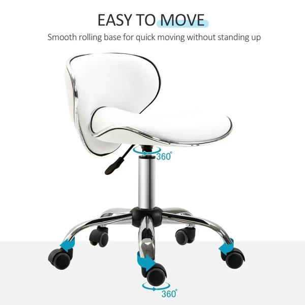 White salon stool with 360° swivel base and four caster wheels.