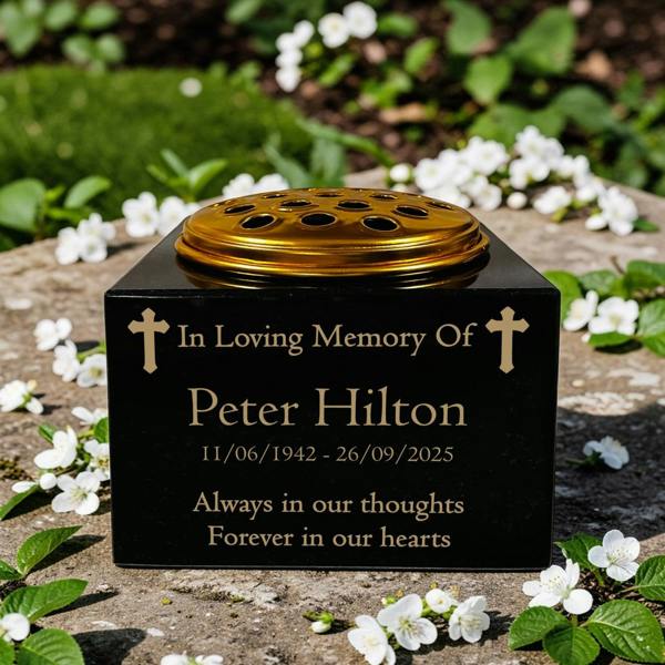 Memorials Direct Granite Memorial Vase with Cross Design, Free Personalised Gold Engraving, Solid Granite 6 x 6 x 4 Inches