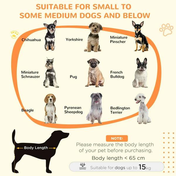 Dog crate table sizing graphic with dog silhouettes and body-length guidance