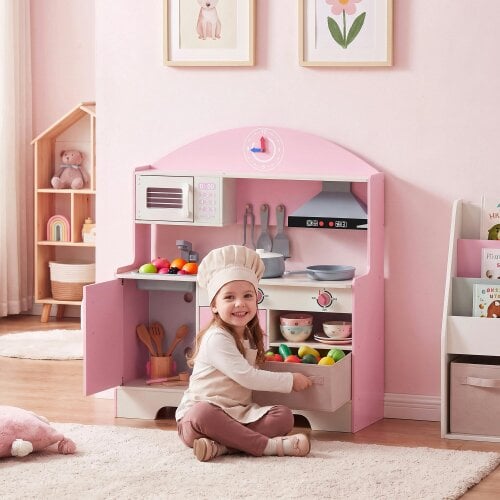 AIYAPLAY Kids Play Kitchen with Lights & Sounds, Fabric Drawer, Pink