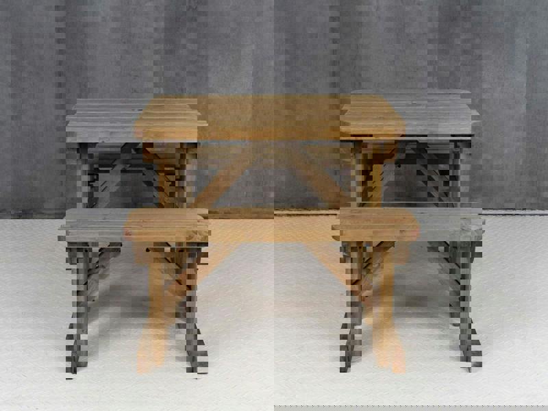 Abies Rounded Picnic Table and Benches Set - Rustic Finish Wooden Outdoor Dining Set for Gardens and Patios