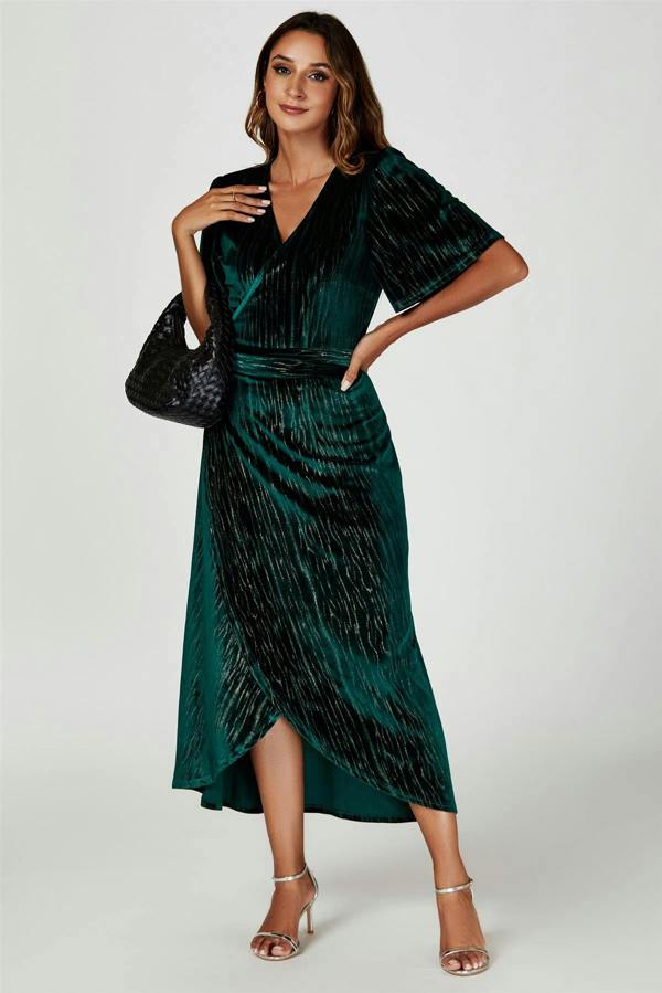 FS Collection Gold Foil Velvet Wrap Maxi Dress In Green