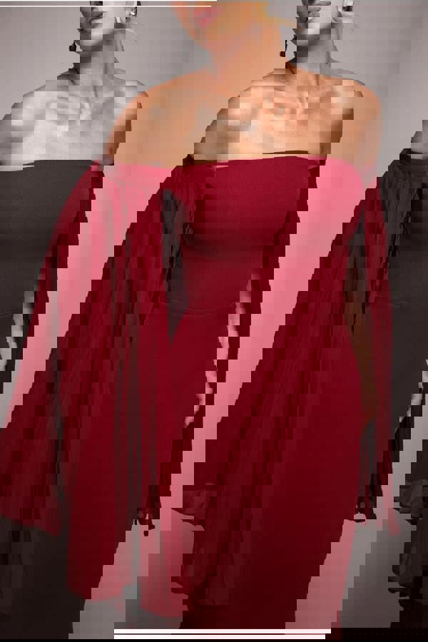 Strapless Maxi Dress With Pleated Chiffon Cape - Burgundy DR4832