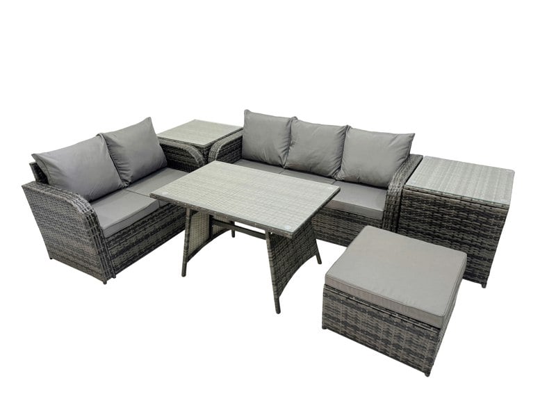 Fimous Garden Rattan Outdoor Furniture Set 6 Seater with Love Sofa 3 Seater Sofa 2 Side Table Big Stool Dark Grey