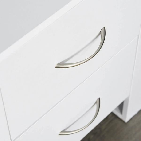 White bedside table with two drawers featuring curved metal handles