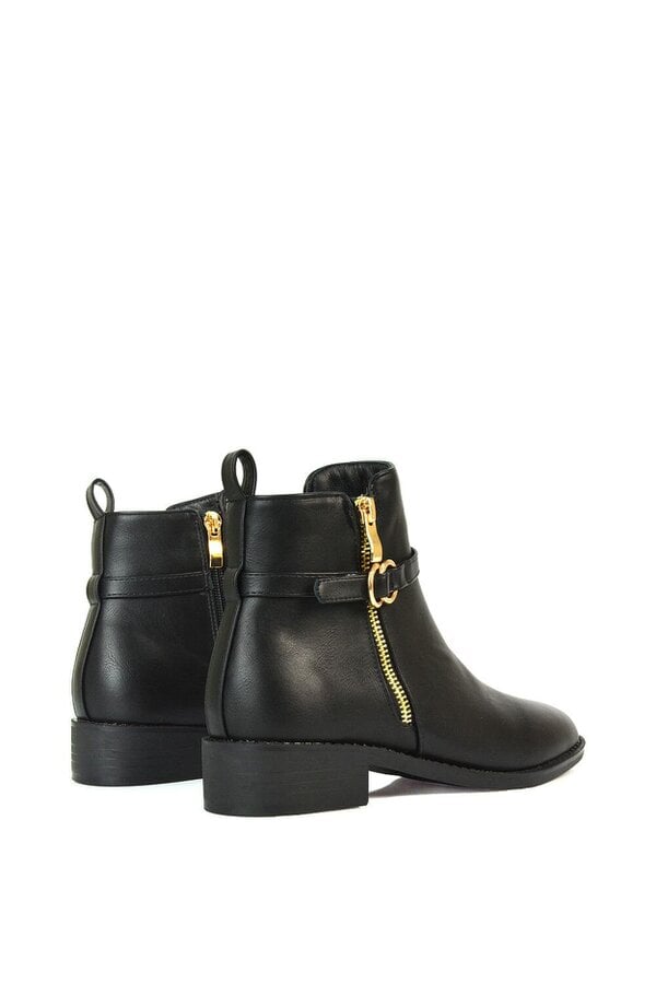 XY LONDON Flat Low Heel Ankle Booties With Decorative Buckle and Zip