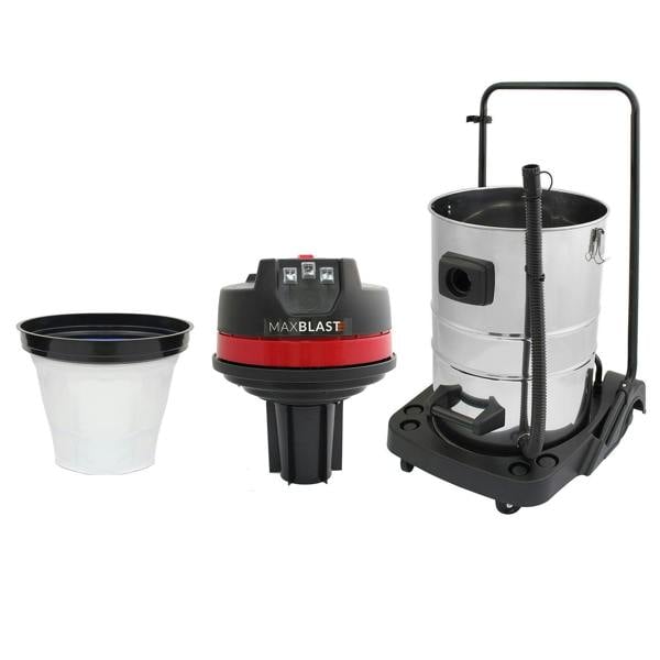 80L wet and dry vacuum with a sleek black and red design, stainless steel canister, and detachable gutter vacuum poles for versatile cleaning