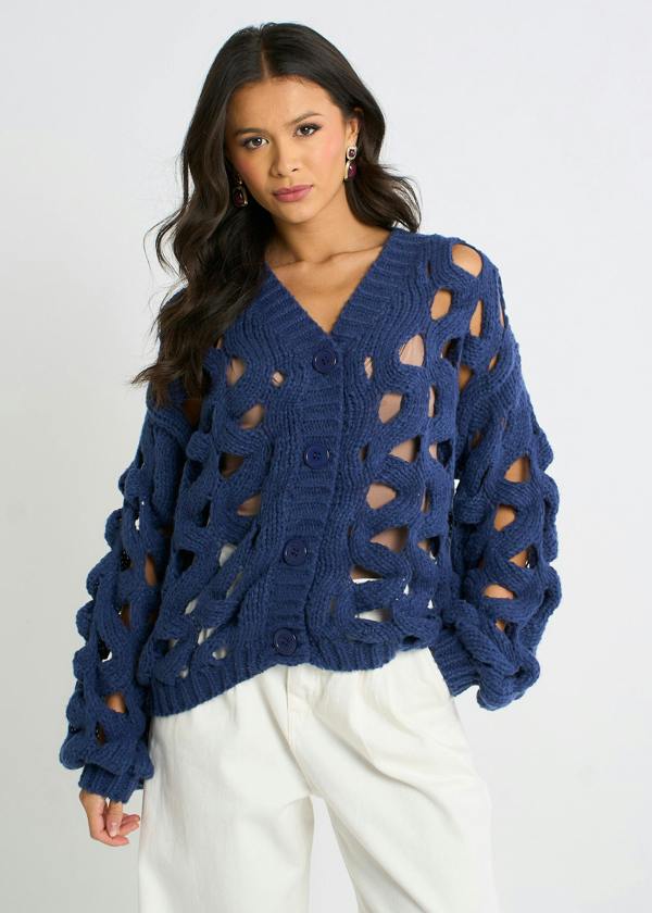 Gini London Navy Hollow Chunky Knit Cardigan