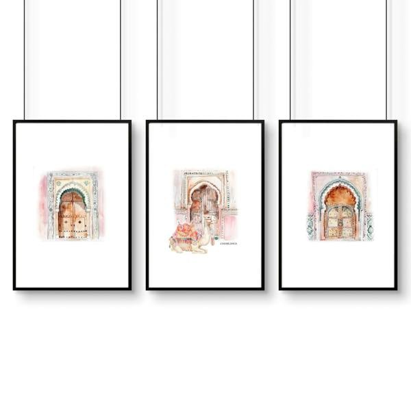 Wall Canvases For Living Room | Set of 3 Moroccan Inspired Wall art Prints