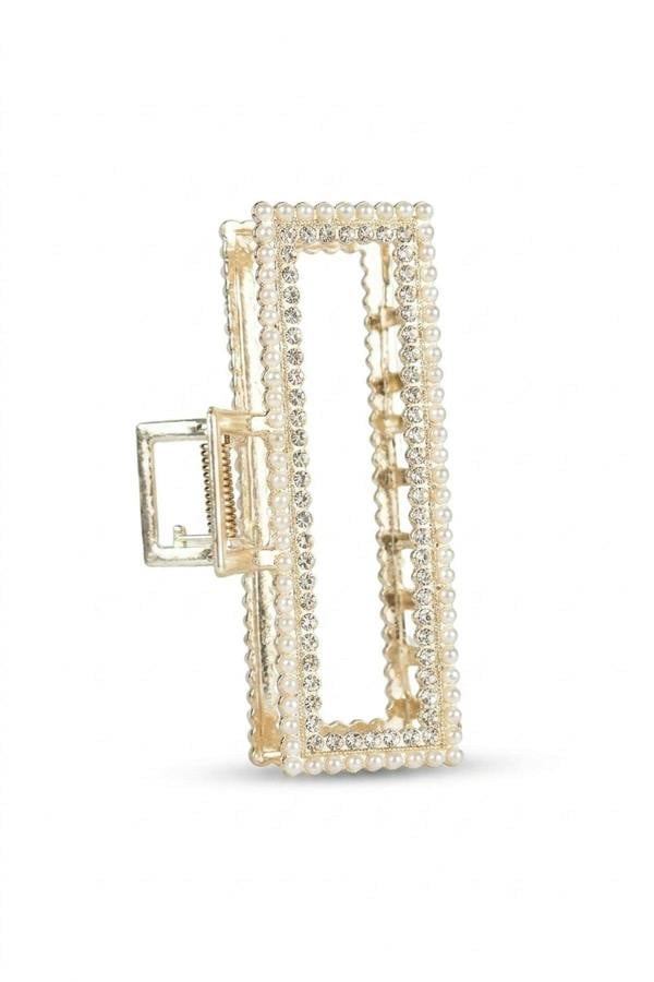 Maelie Rectangle Pearl Diamante Hair Claw - Gold_wb