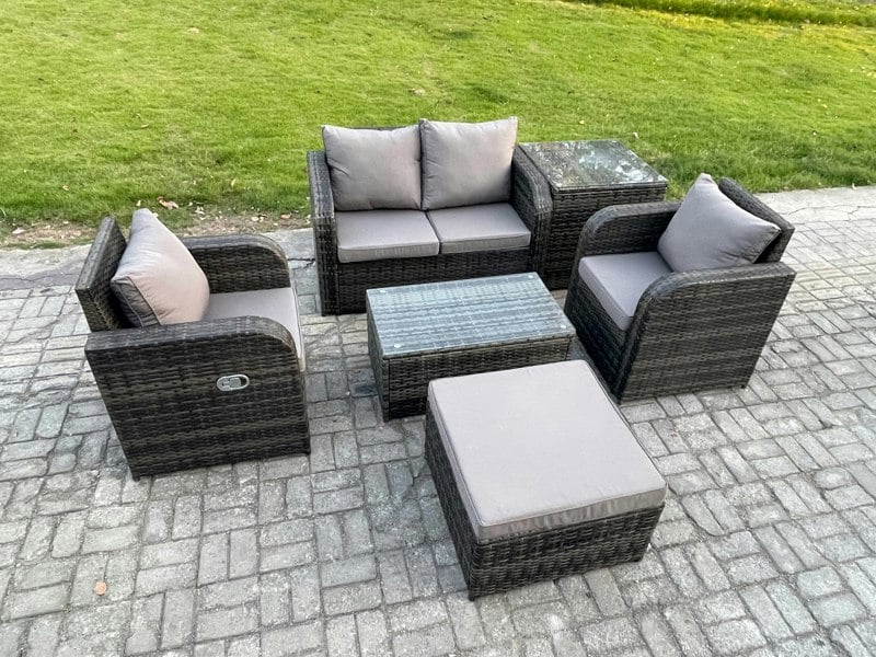 Fimous 6 PC Outdoor PE Rattan Garden Furniture Set Wicker Love Sofa Coffee Table 2 Armchair Big Footstool Side Table Dark Grey Mixed