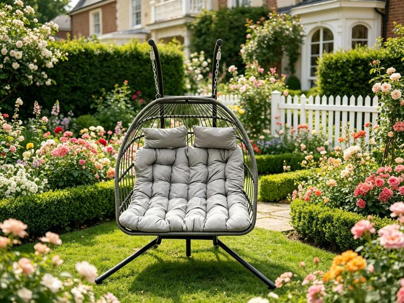 Fimous Indoor Outdoor Patio Rattan Double Egg Hanging Chair Garden With Grey Thick Cushion