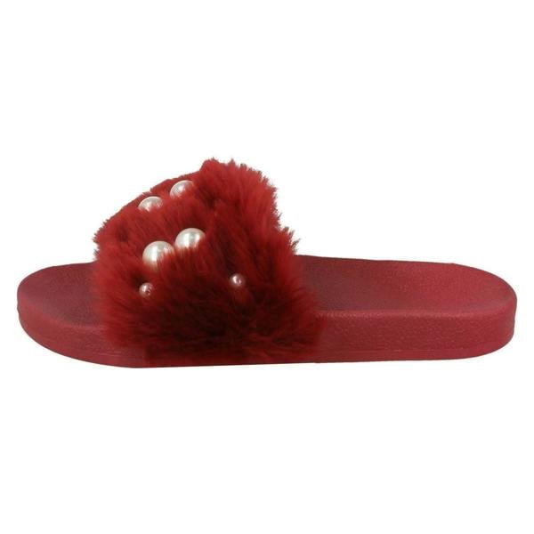 Spot On Ladies Spot On Pearl Trim Faux Fur Slider Style Sandals