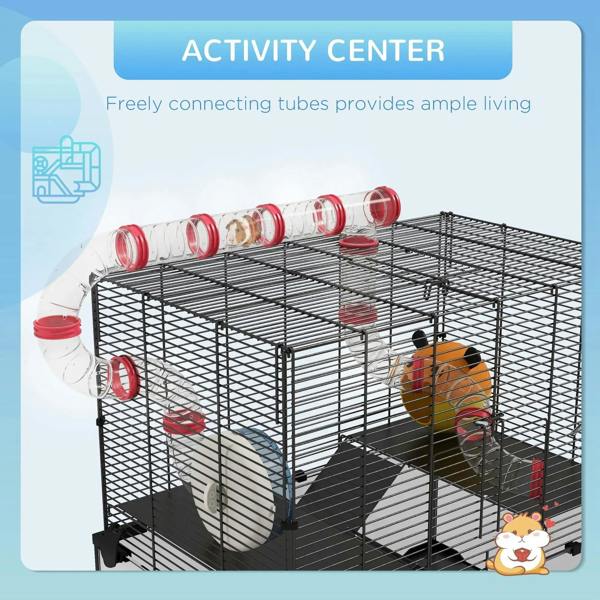 Black wire hamster cage with connected tunnels, exercise wheel, and platforms