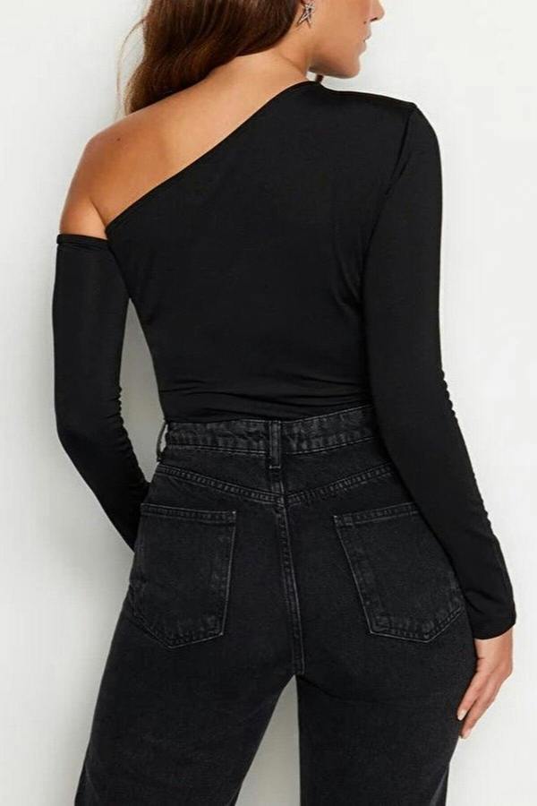 WOVCOR Asymmetrical Collar Long Sleeve Knit Bodysuit