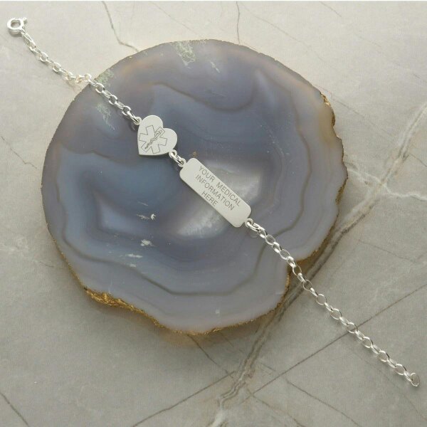 Christopher James of London Sterling Silver Medic Aware Heart And Tag Bracelet With Engraving