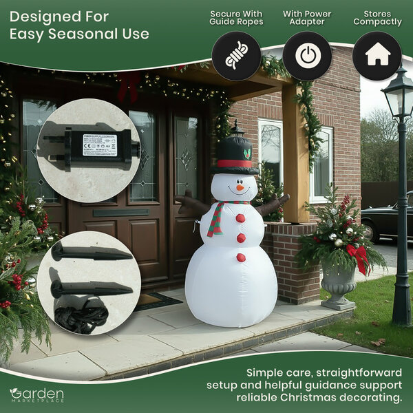 1.8m Inflatable Christmas Snowman with 3 Internal Low Voltage LED Lights, 12V Fan Motor, Guide Ropes and Transformer, Indoor/Outdoor Decoration