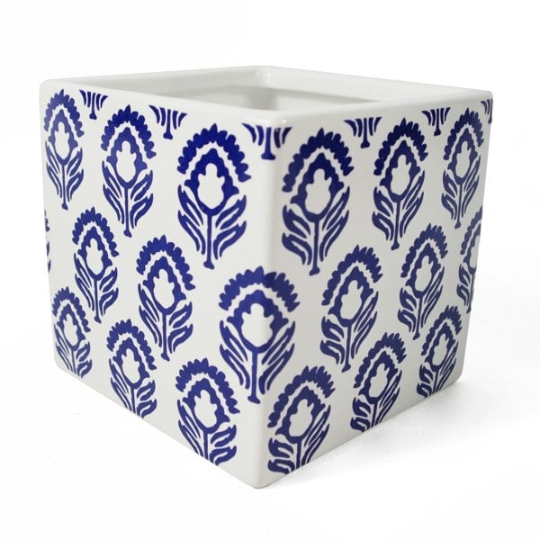 Leaf 12cm Ceramic Cube Planter with Decorative Print Blue Tulip