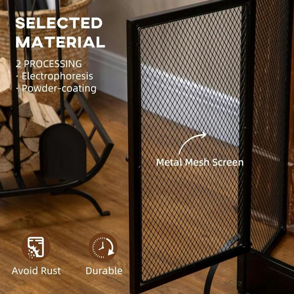 Black metal mesh fireplace screen panel with door frame, durable finish detail