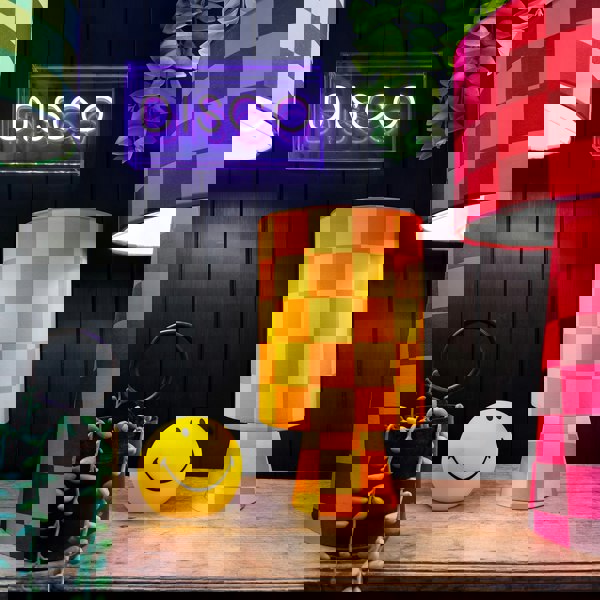 Handmade Checkerboard Velvet lamps in Marmalade. Orange and Yellow Checkerboard Lamps - The Shortie