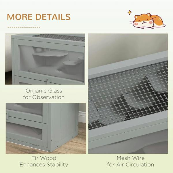 Grey wooden hamster cage details showing mesh wire ventilation and observation window