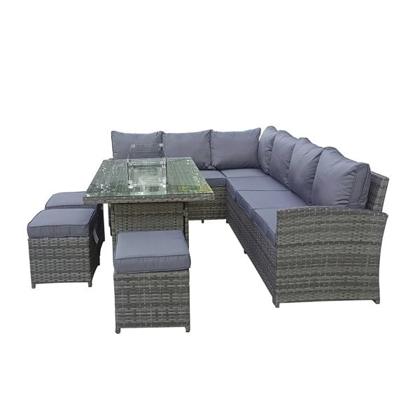 Furniture One 9 Seater Rattan Patio Dining Table Set with Table, Padded Corner Sofa, 3 Stool Outdoor Corner Sofa Set, All-Weather Patio Set