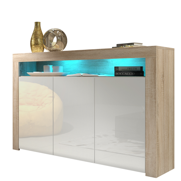 Mex Furniture 155cm Sideboard TV Stand Cupboard Cabinet - White High Gloss Doors & Free LED