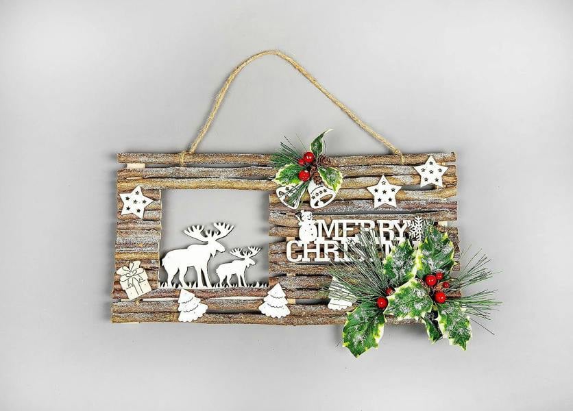 40 x 20cm Wooden Twig Frame Christmas Wall Hanging Decoration with Reindeer Scene image 1