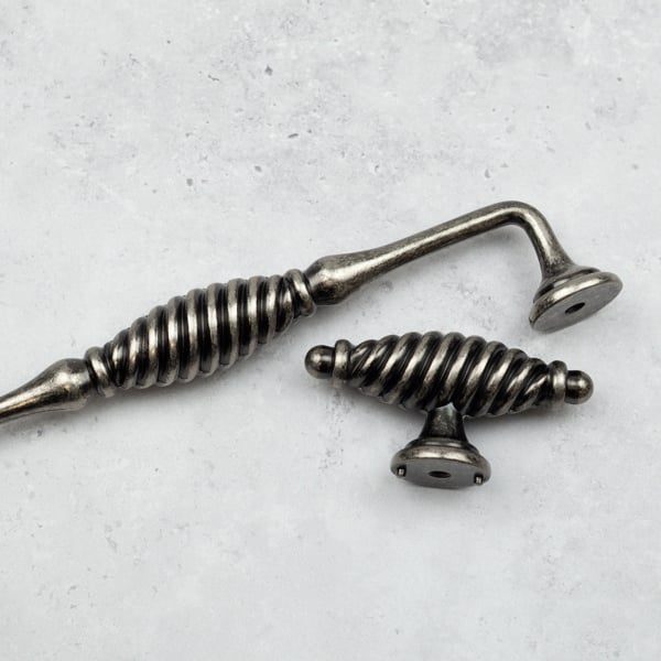 Antique Pewter Reeded Beehive Handle & Coordinating Pull Knob