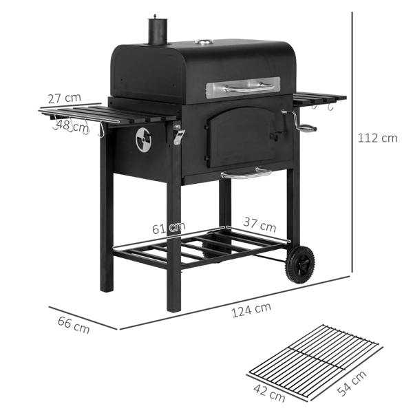 3-in-1 charcoal BBQ grill with side shelves, black steel body and cooking chamber