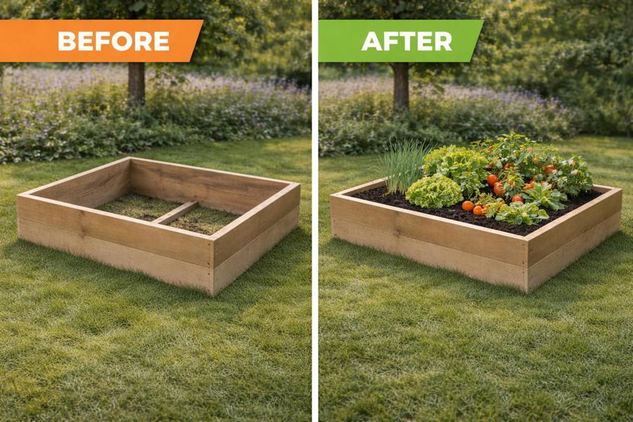 Wooden raised bed frame empty on grass and filled with soil and vegetables