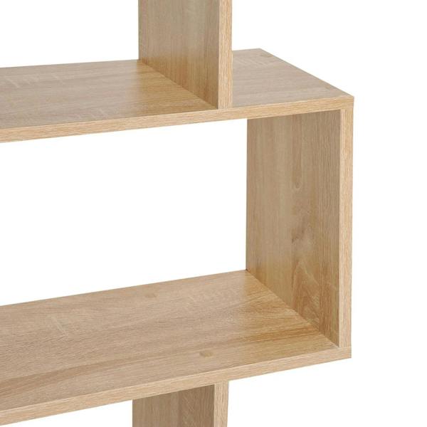 Close-up of oak bookshelf open shelf interior with side panel and wood-grain surface
