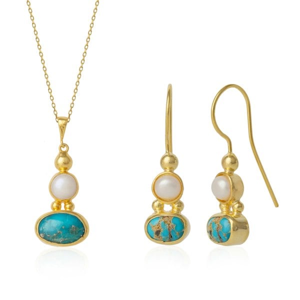 Spero London Turquoise Authentic Pendant and Earrings Sterling Silver Gold Plated Set