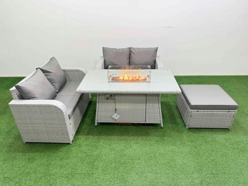 Fimous 5 Seater Outdoor Love Sofa Set Rattan Garden Furniture Set with Fire Pit Dining Table Big Footstool Light Grey